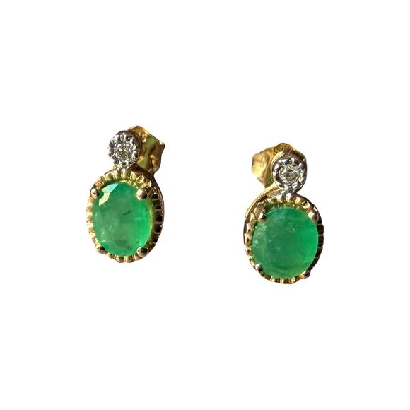 American Vintage Jewelry - Vintage 14k Solid Gold Natural Diamond and Emerald Earrings